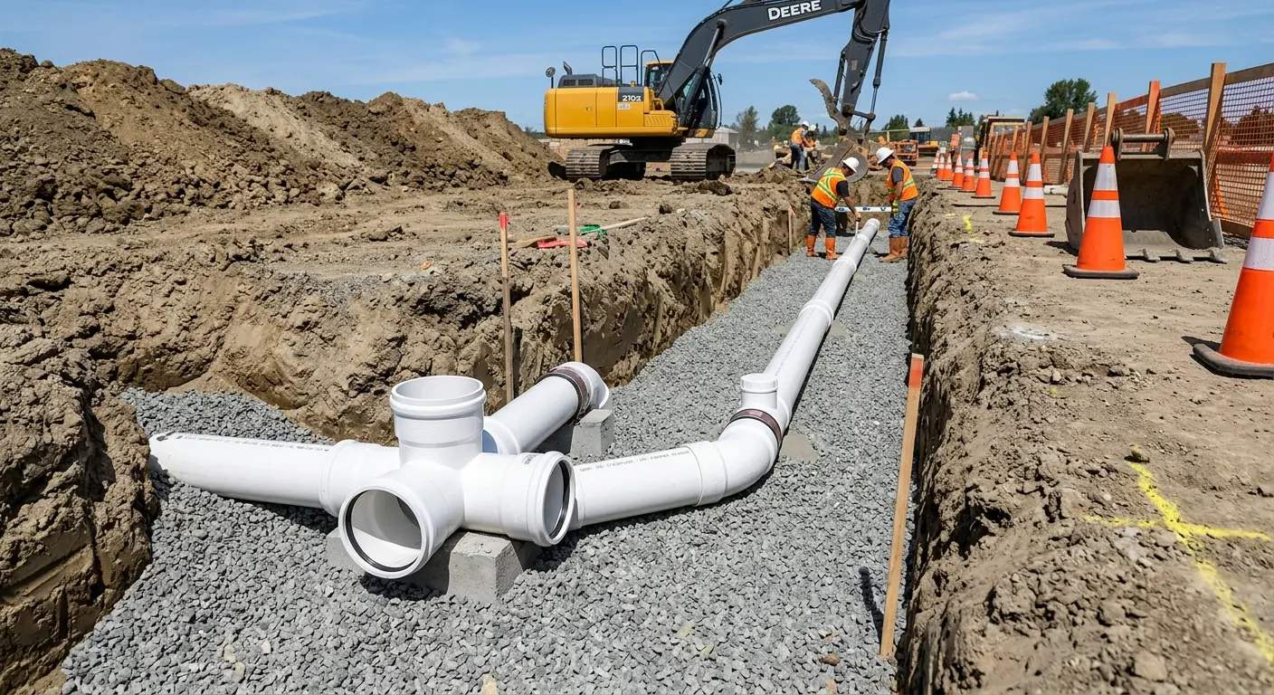 New PVC sewer pipe installation in open trench for Commercial Drain Cleaning in Archer Lodge