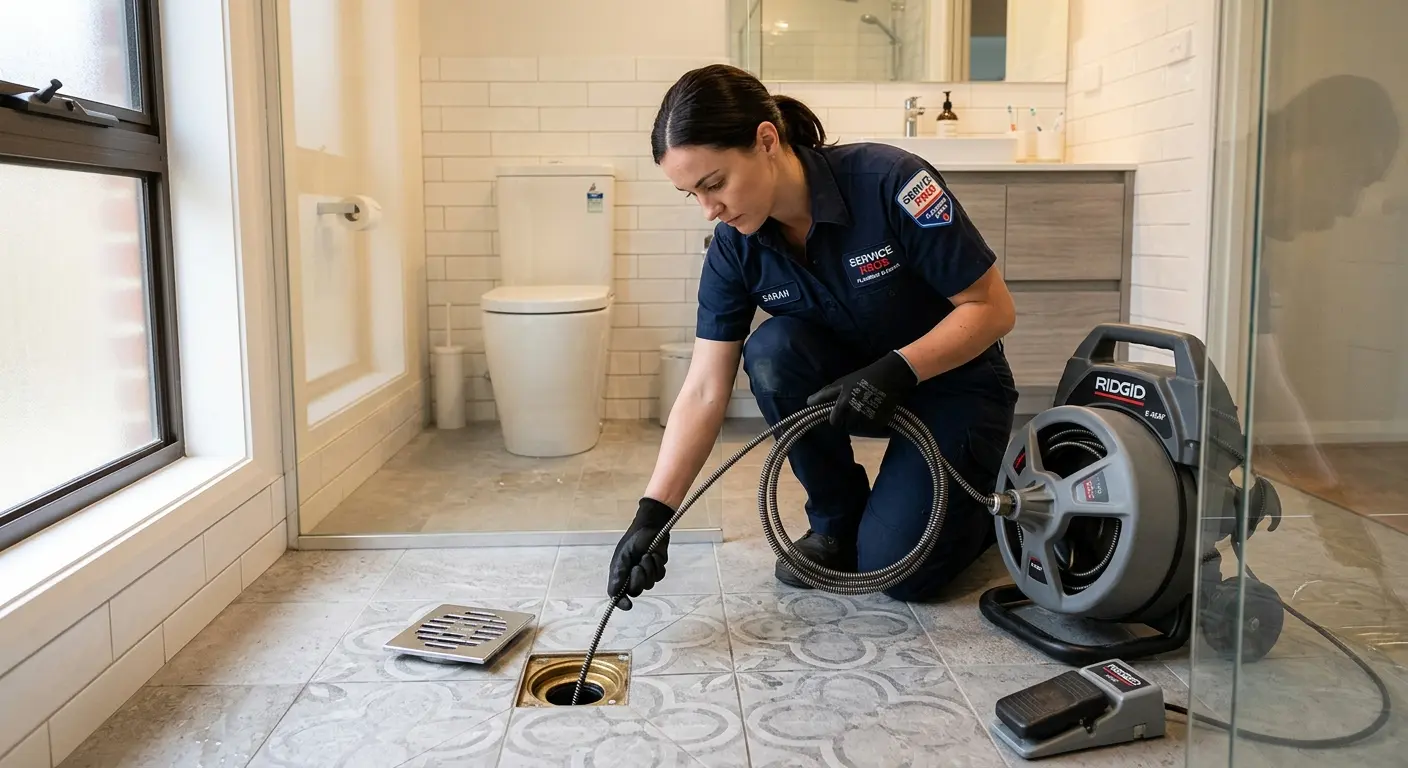 Technician clearing a bathroom floor drain for Sewer Line Replacement in Archer Lodge